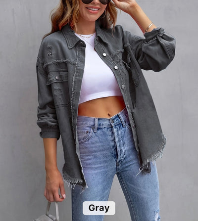 Women raw edge ripped denim jacket