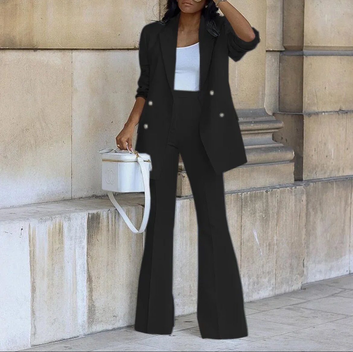 Women office suit wide pants leg blazer set