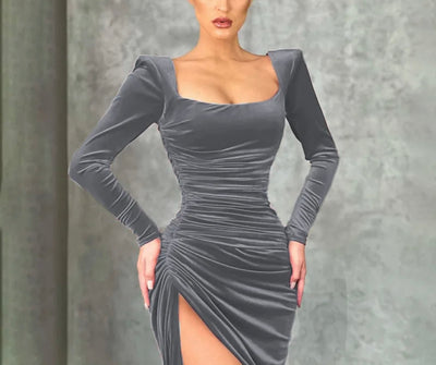 Ladies slim long sleeve fall fashion sexy V neck split dress
