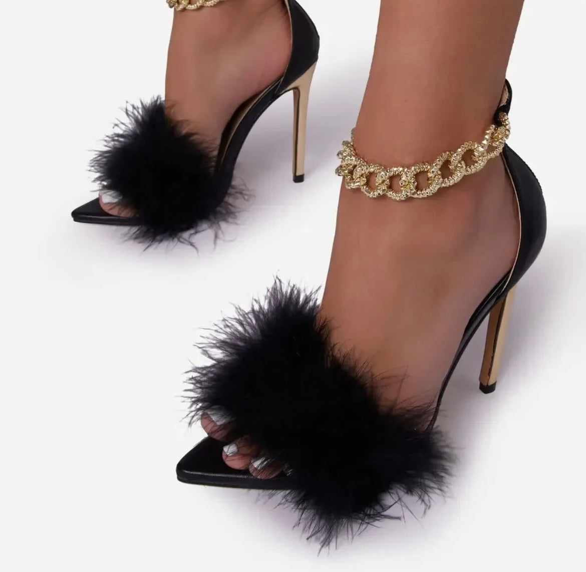 Women pointed plush chain stiletto high heels