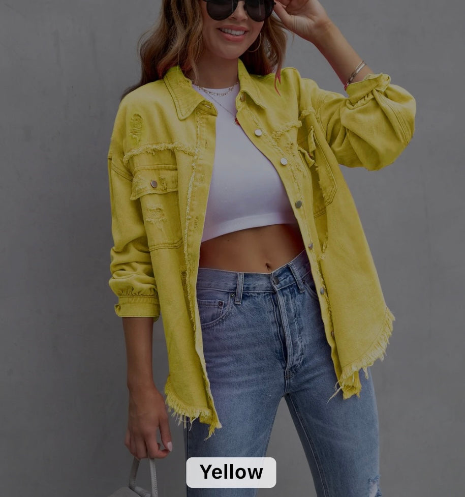 Women raw edge ripped denim jacket