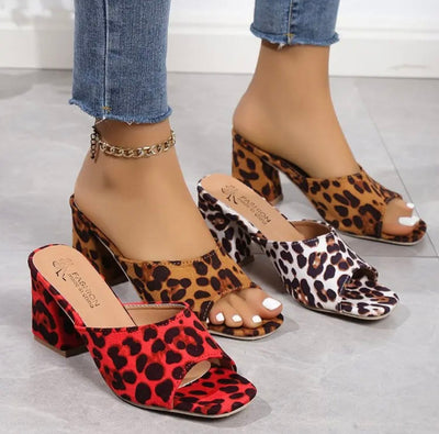 Women leopard pattern slipper square head thick heel