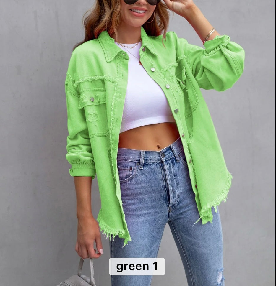 Women raw edge ripped denim jacket
