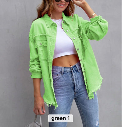 Women raw edge ripped denim jacket