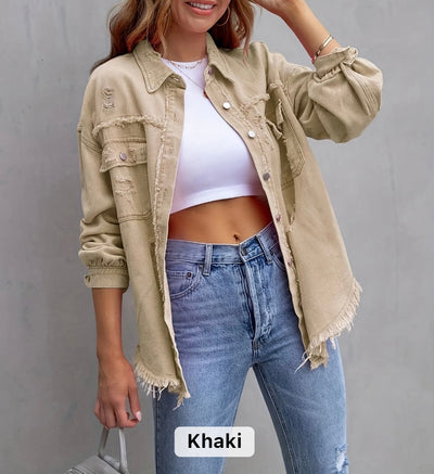 Women raw edge ripped denim jacket