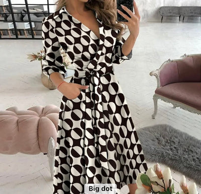 Women temperament casual long sleeve v neck dress