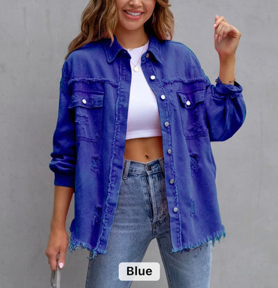 Women raw edge ripped denim jacket