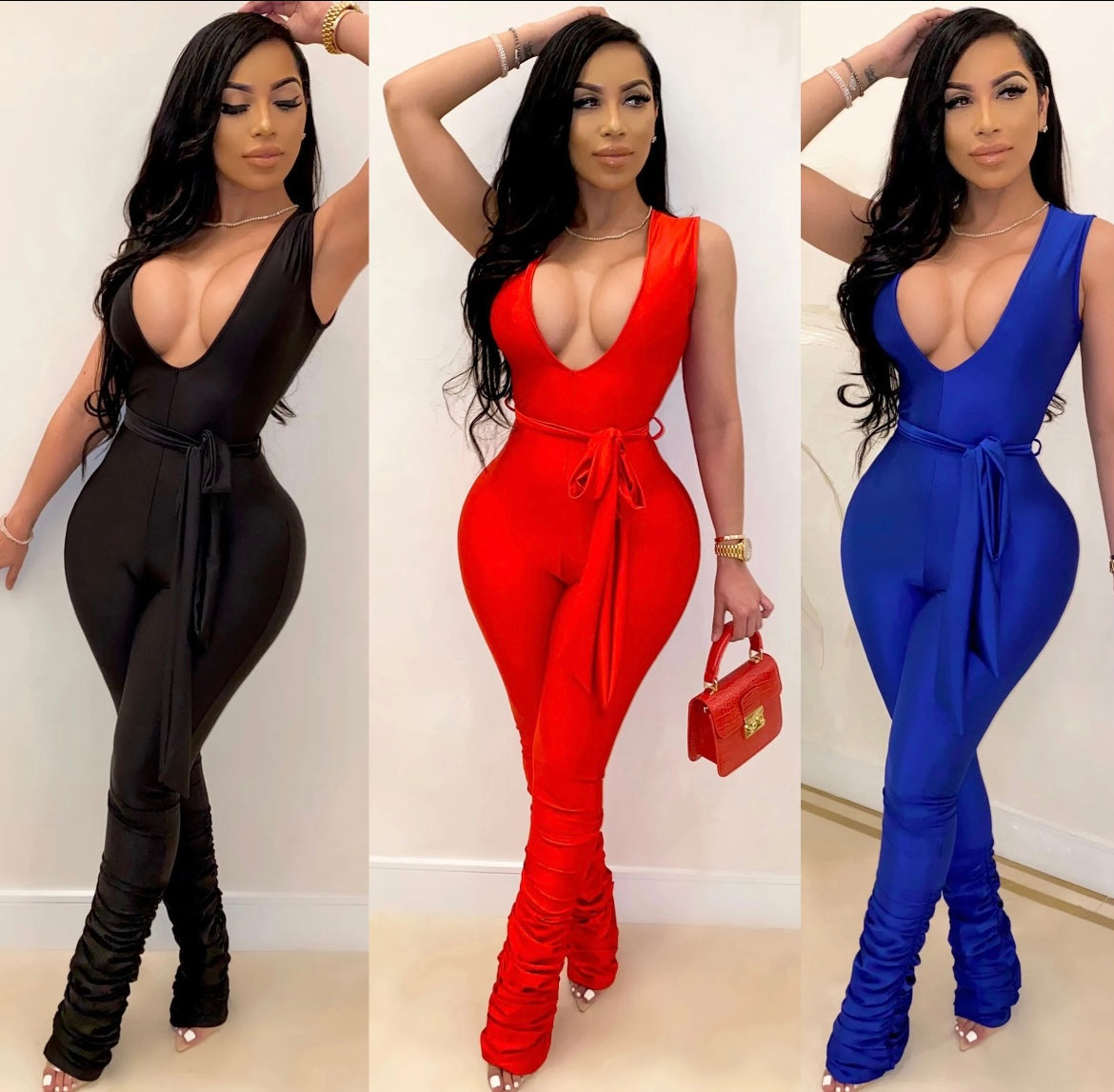 Women middle waist zipper sleeveless v belt elated pleated jumpsuit