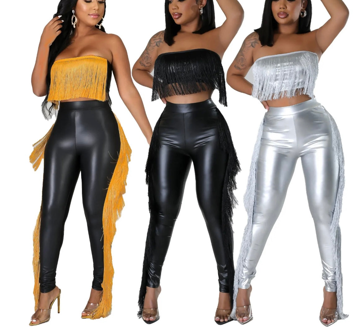 Ladies nightclub sexy wrap chest tussel crop top slim pants casual two piece set