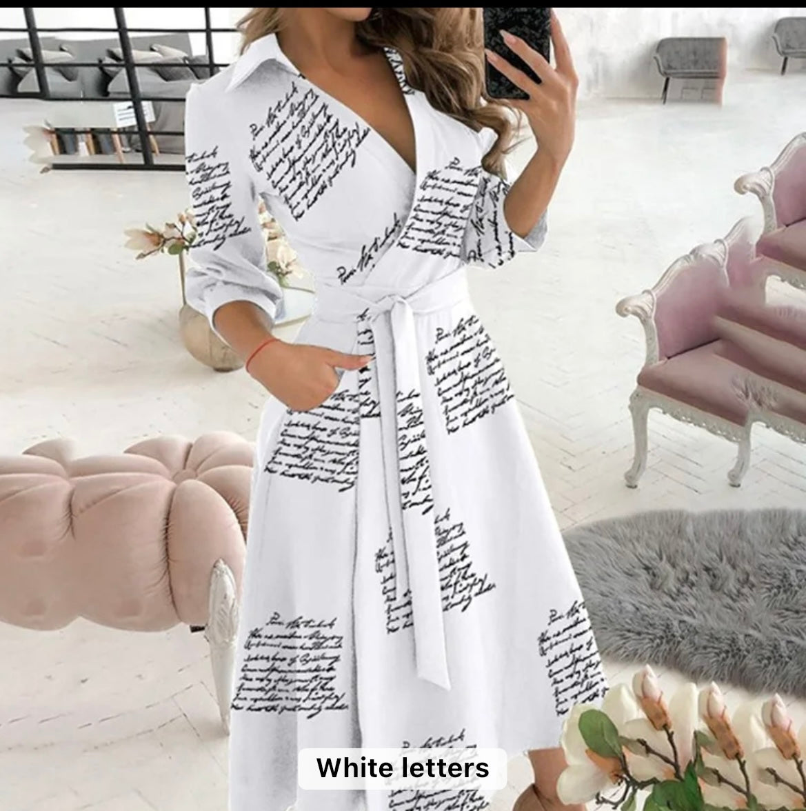 Women temperament casual long sleeve v neck dress