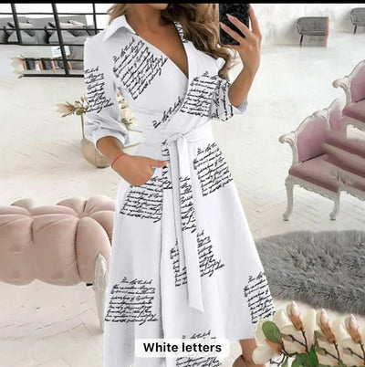 Women temperament casual long sleeve v neck dress