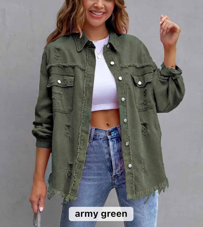 Women raw edge ripped denim jacket