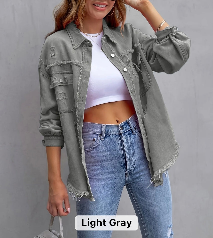 Women raw edge ripped denim jacket