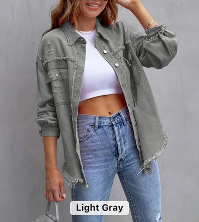 Women raw edge ripped denim jacket