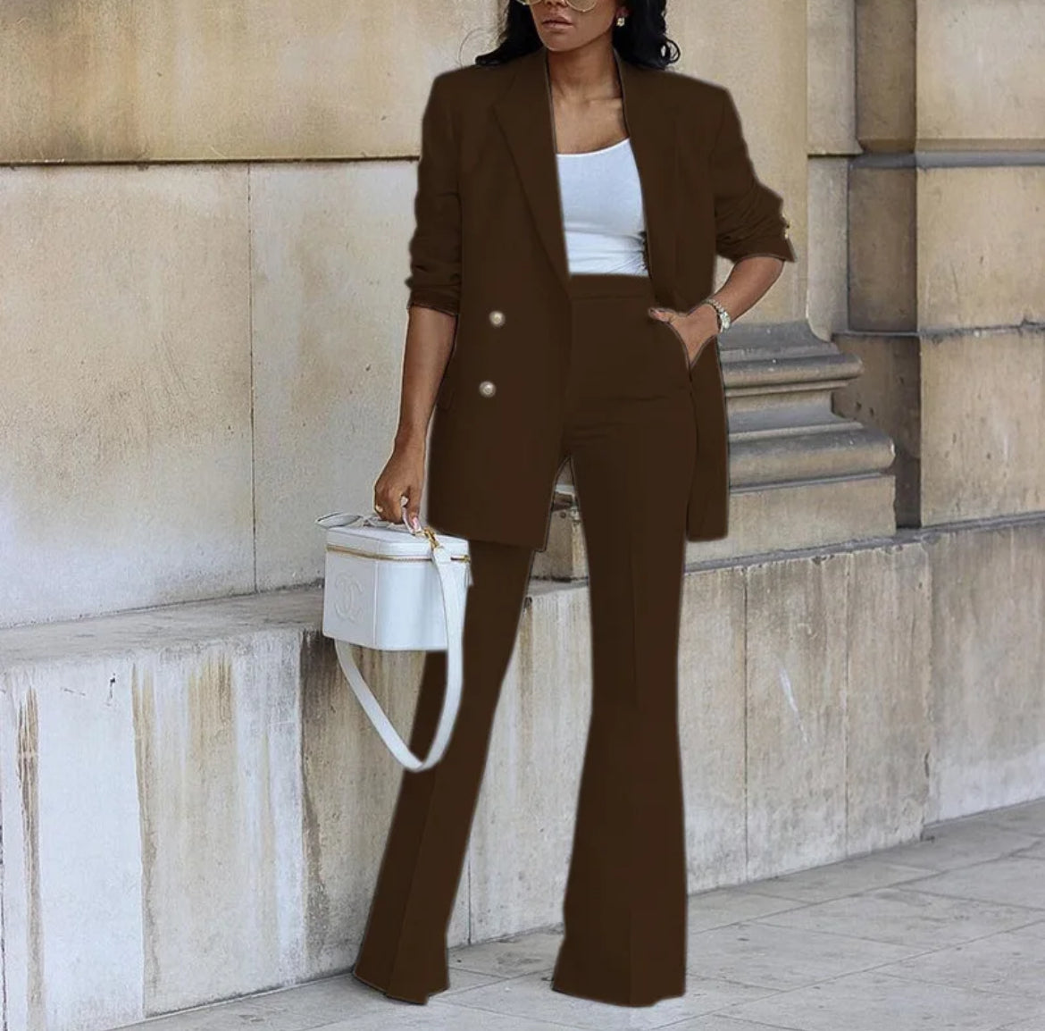 Women office suit wide pants leg blazer set