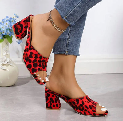 Women leopard pattern slipper square head thick heel
