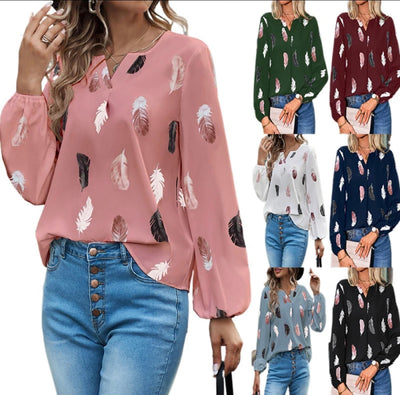 Women long sleeve loose fitting v neck feather print top