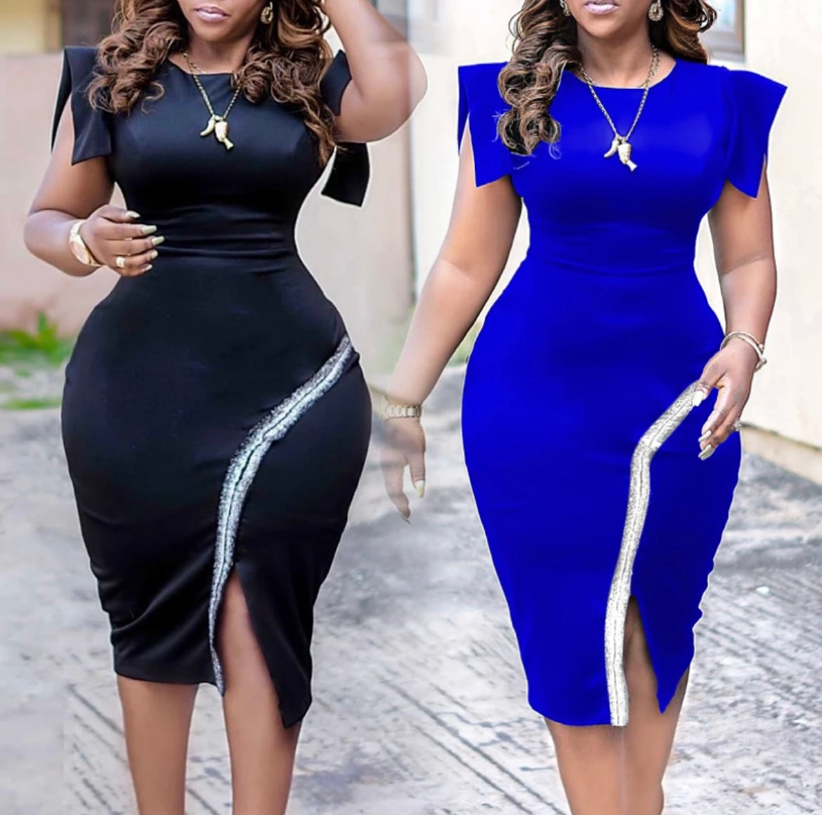Women elegant short sleeve hip hugging fitted slit dress