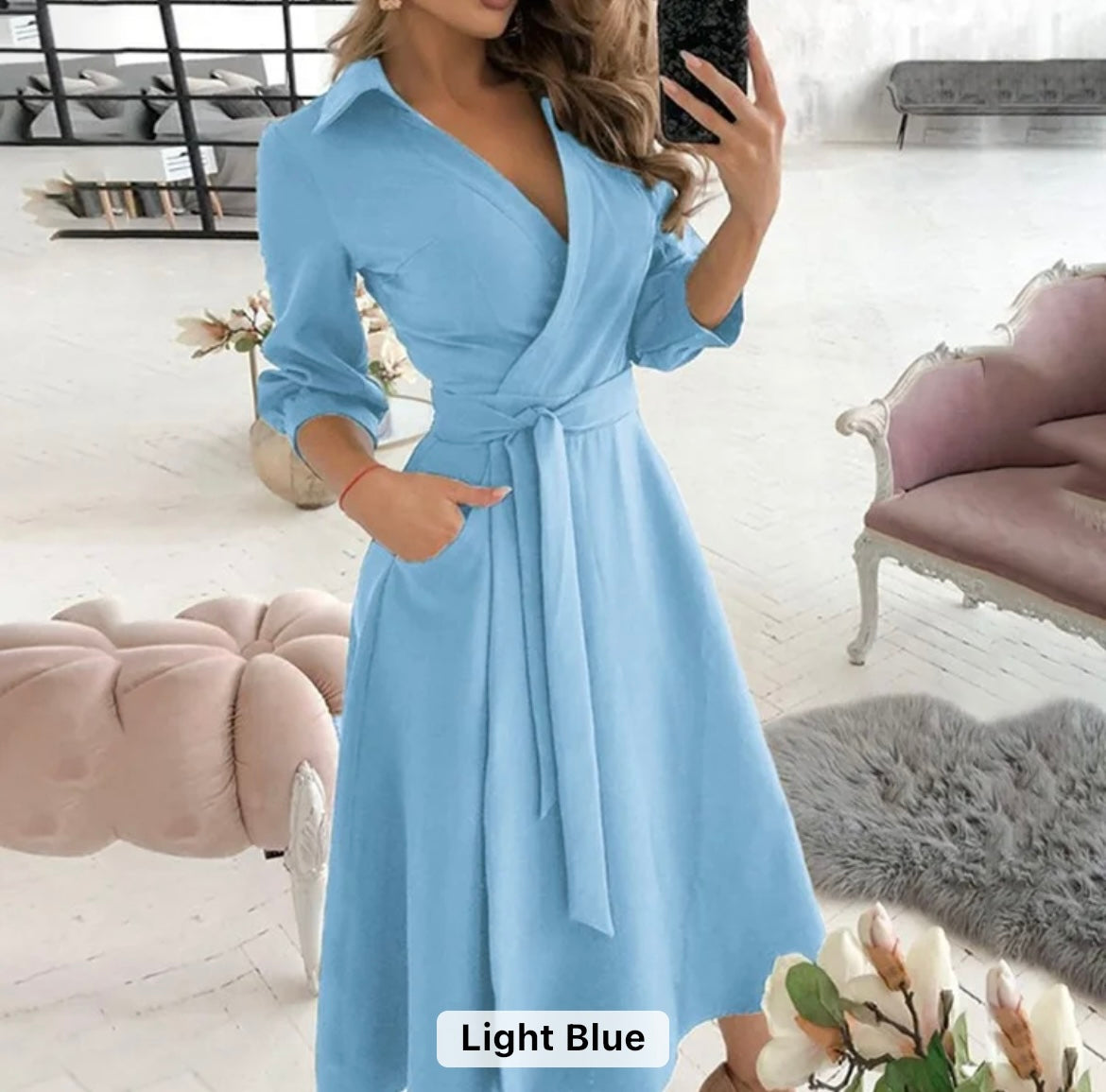 Women temperament casual long sleeve v neck dress