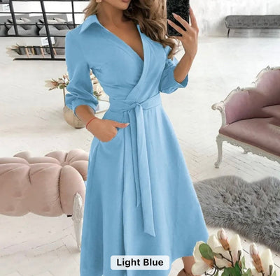 Women temperament casual long sleeve v neck dress