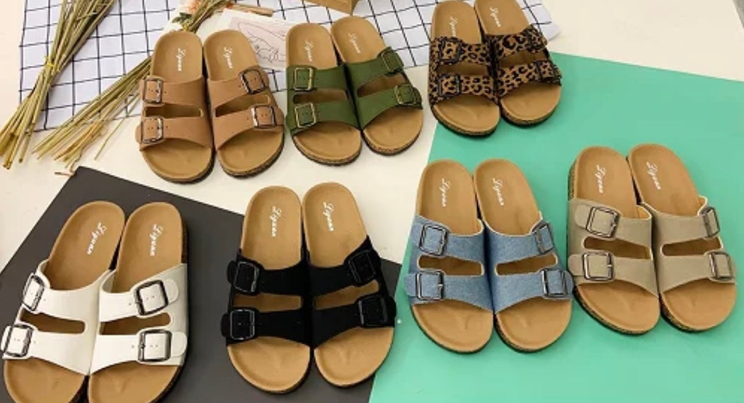 Women flat bottom casual cork buckle slippers