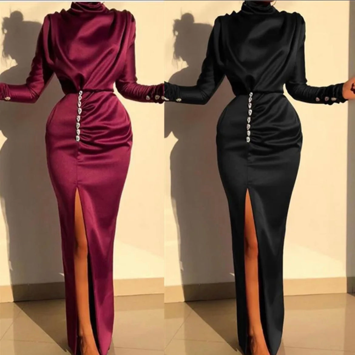 Women long sleeve sexy long water drop rhinestones turtle neck slit dress