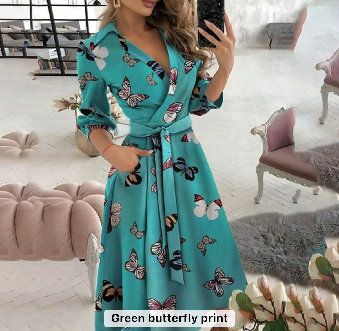 Women temperament casual long sleeve v neck dress