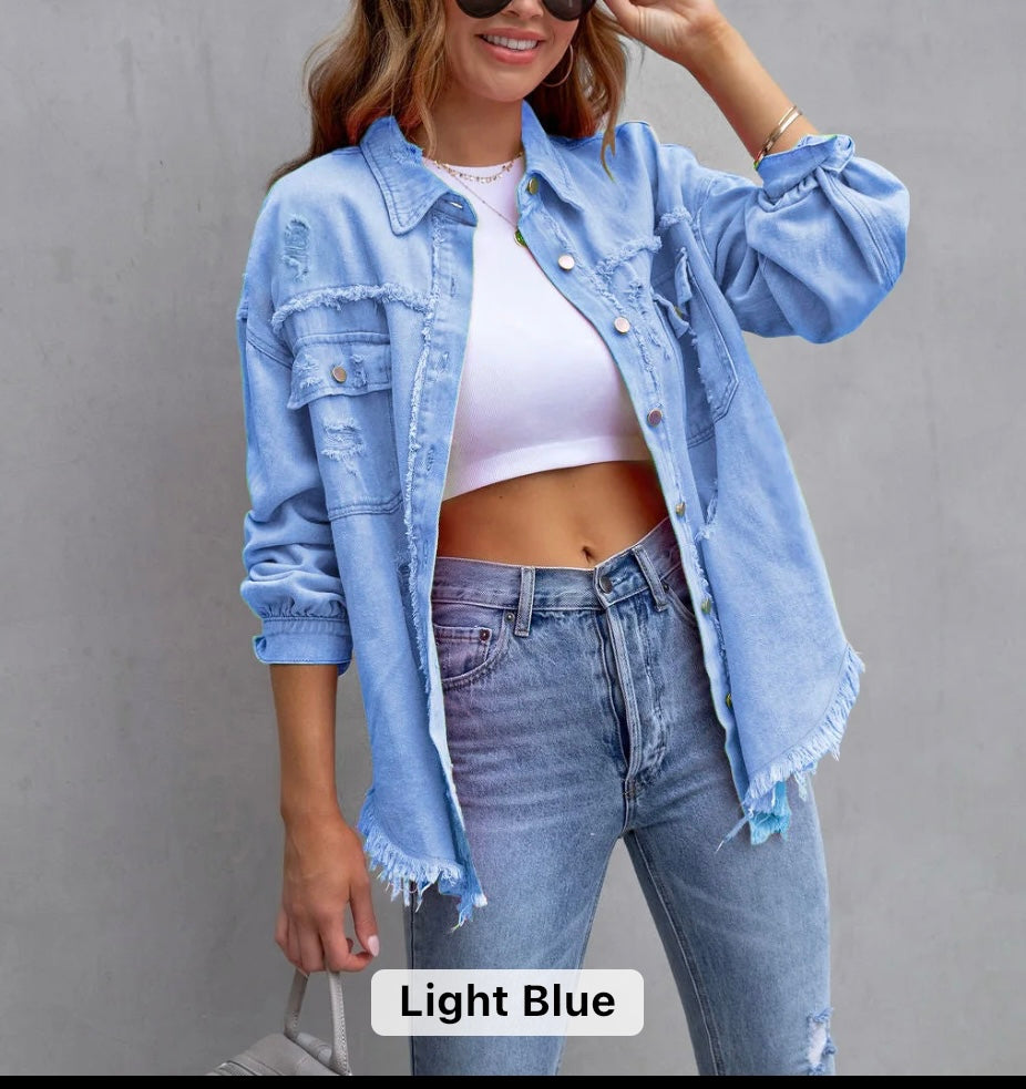 Women raw edge ripped denim jacket
