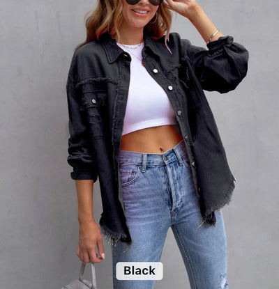 Women raw edge ripped denim jacket