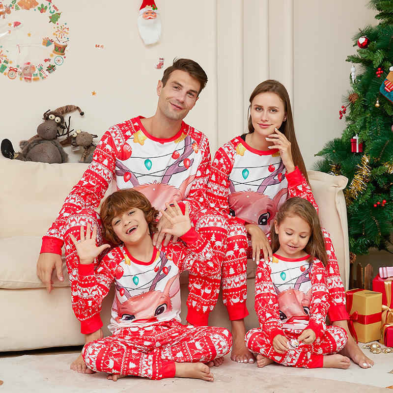 Parent Child Clothing Family Pajamas Set Christmas Deer Print Long Sleeved Two Piece Set Round Neck Pajamas