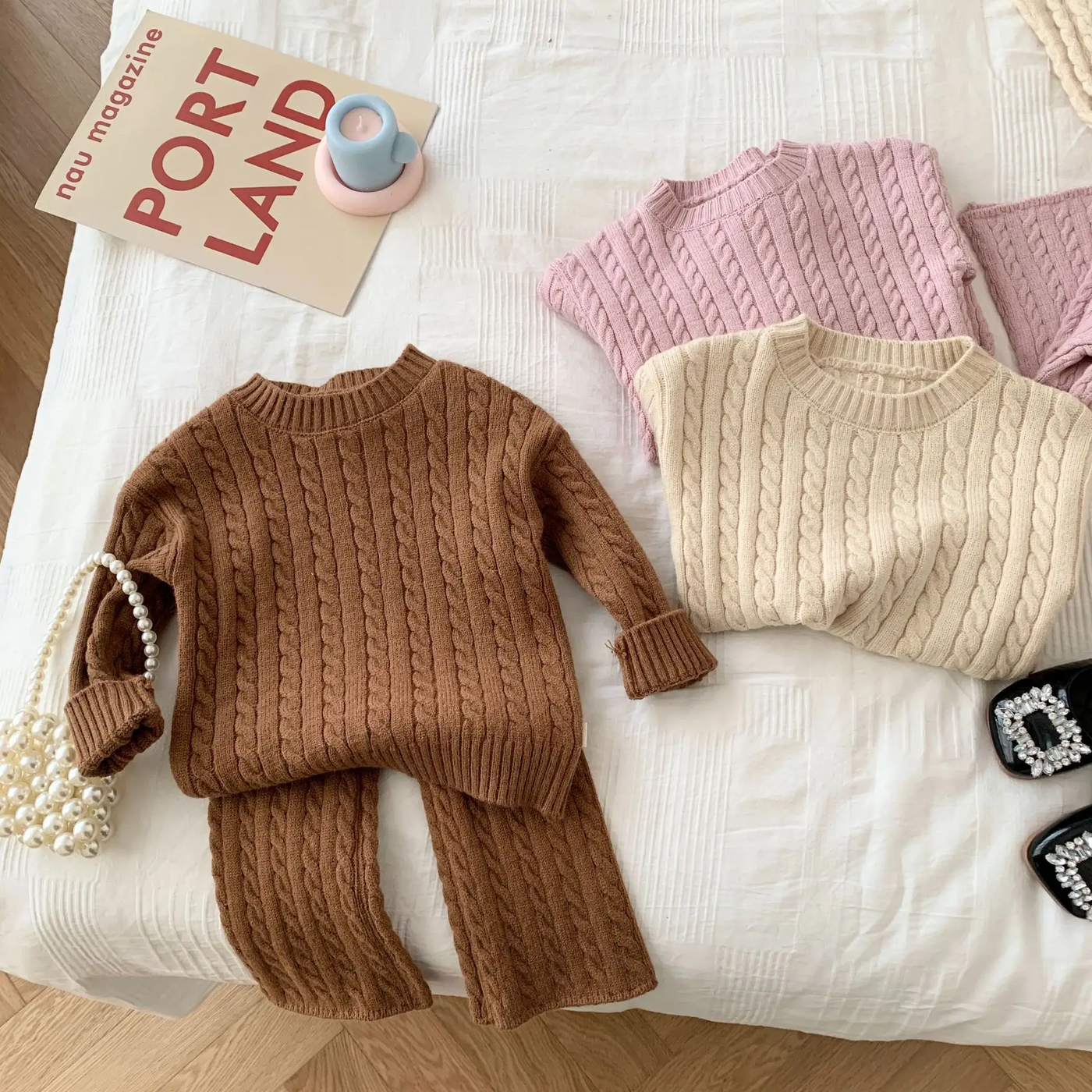 Autumn Outfits Solid Long Sleeve Sweater Tops Knitted Pants 2Pcs Children Set