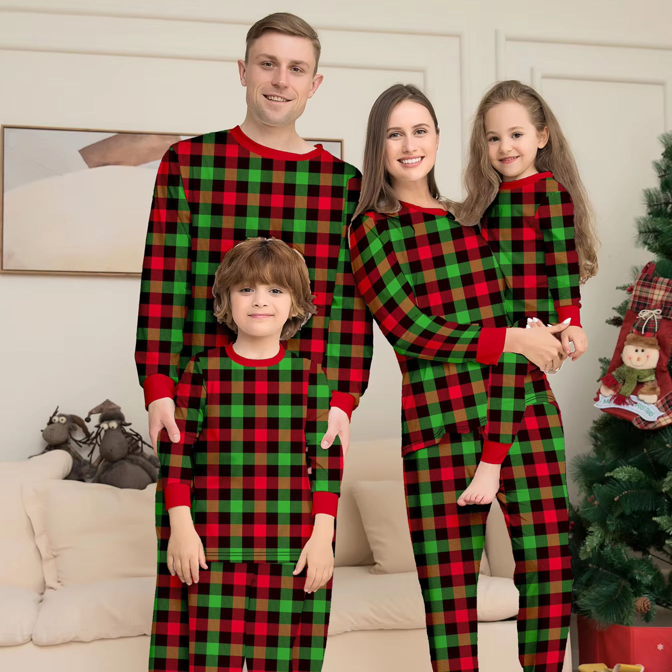 Checkered Loose Long Sleeved Pajamas Parent-Child Set