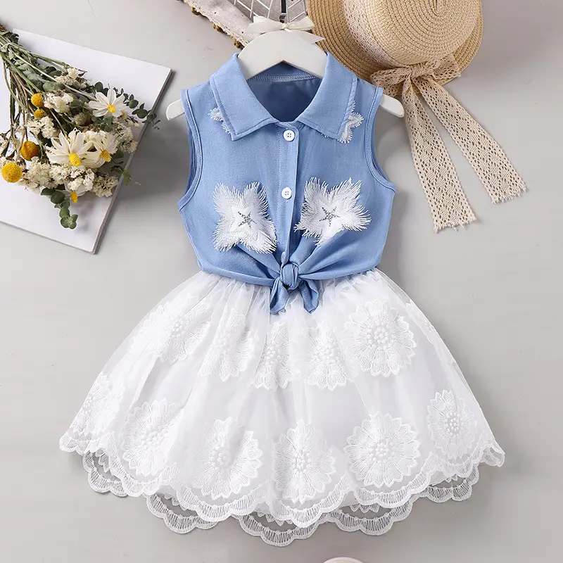 Children Summer Sleeveless T-shirt White Skirt 2PCS Toddler Princess Flower Girl Dresses