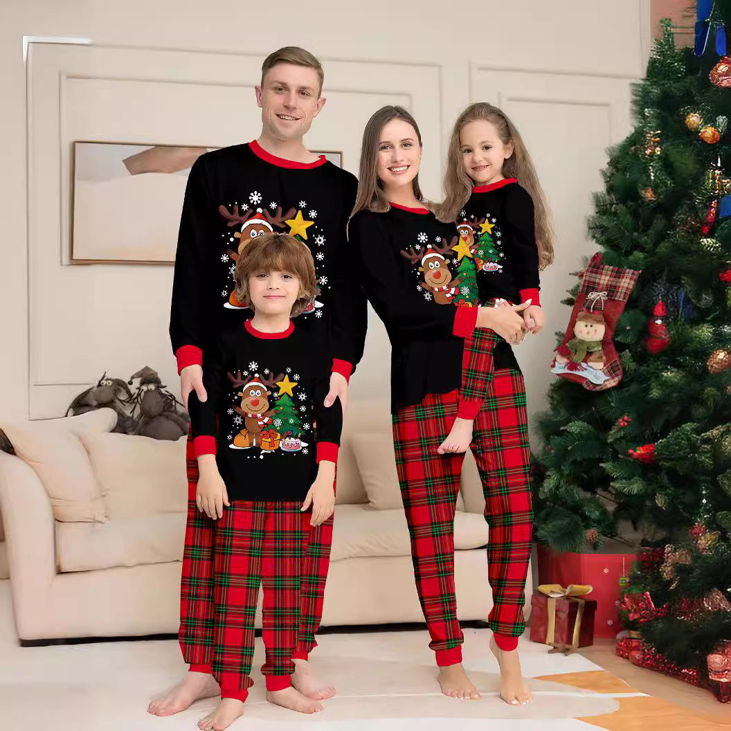 Christmas Tree Print Parent Child Comfortable Loose Long Sleeve Pajama Set