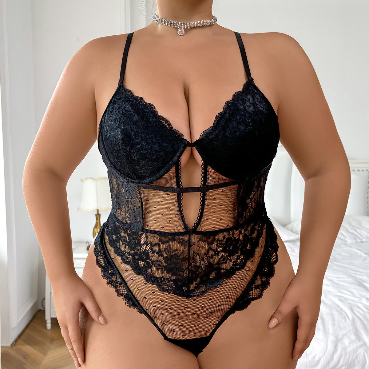 Large Size New Tight Fitting Clothing Sexy And Fashionable Mesh Lace See Through Slim Fitting And Fun Jumpsuit
