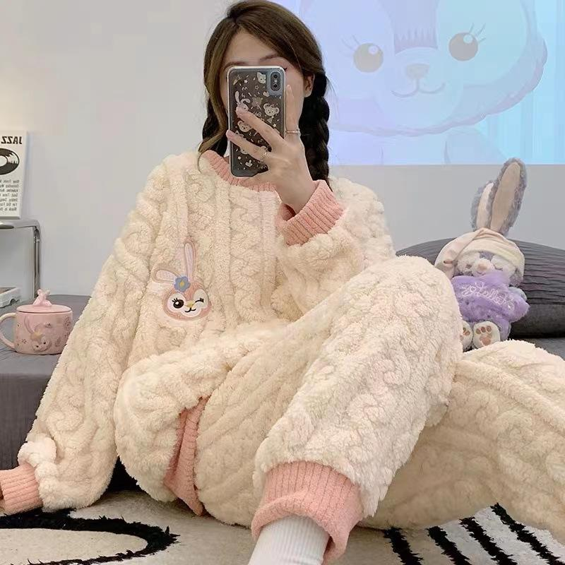 Sleepwear Women's Soft Coral Fleece Long Sleeved Cute Cartoon Thick Flannel Loose Flannel Casual Home Wear 2-Piece Set