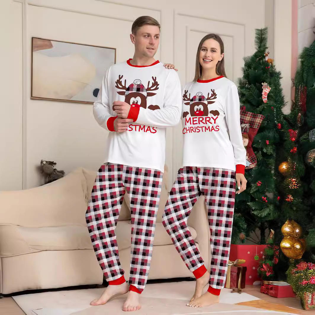 Pajama Cartoon Printed Christmas Deer Alphabet Checkered Parent Child Set Two Piece Home Clothes Christmas Pajamas