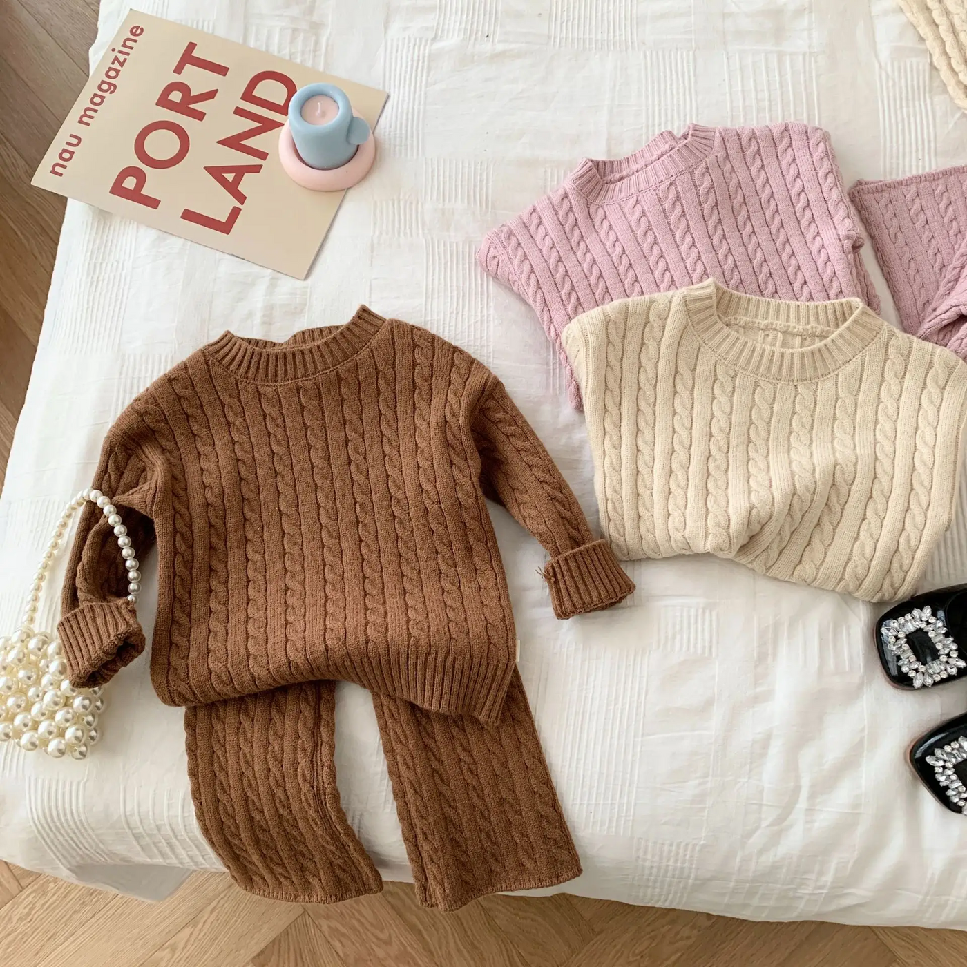 Long Sleeve Top Pants Set Casual Baby Clothing Solid Colors Knitted Girls Clothing Sets