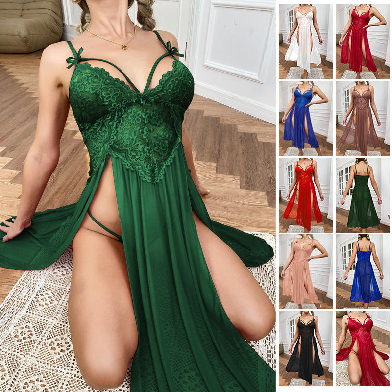 Lace Sexy Embroidery Mesh Deep V Bow High Slit Nightgown Suspender Skirt