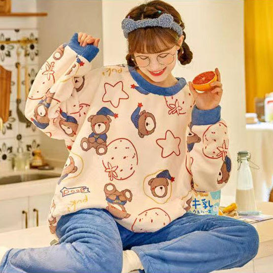 Cute Cartoon Flannel Long Sleeves Thickened Comfortable Coral Velvet Home Two Piece Set