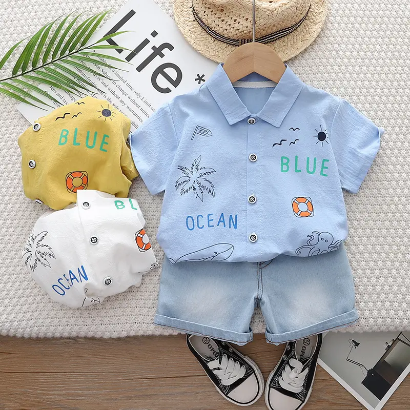 Summer 1-5 Years Kids Boy Short Sleeves T-shirt Denim Shorts 2Pcs Casual Suits Boys Clothing Sets