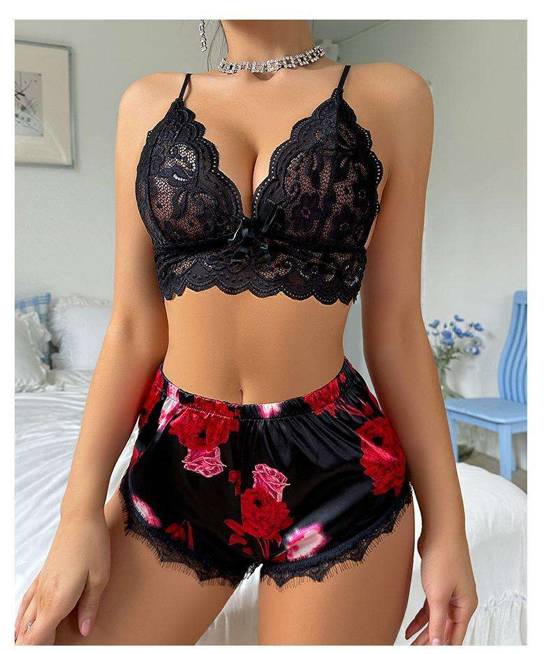 Sleepwear Set Fashionable Sexy Lace Embroidery Suspender Top Patterned Shorts Sexy Lingerie Two-Piece Set