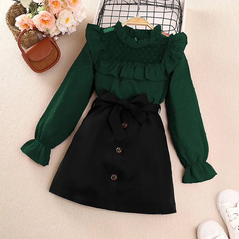 Clothing Set For Kid Girl 8-12 Years old Long Sleeve Lace Tops Short Skirt