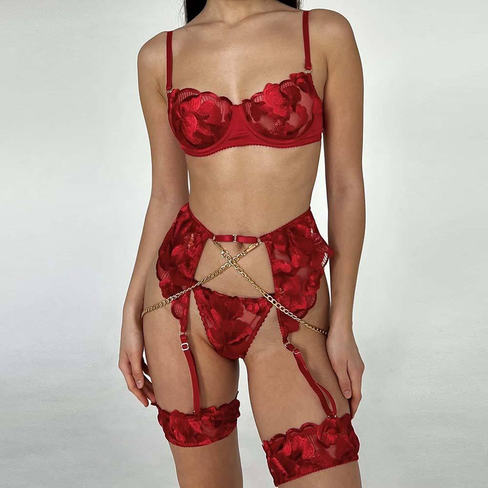 Cross Border Popular Lingerie Europe And America Sexy Red Mesh Embroidered Flower Seductive Slim Fit And Fun Bra 4-Piece Set