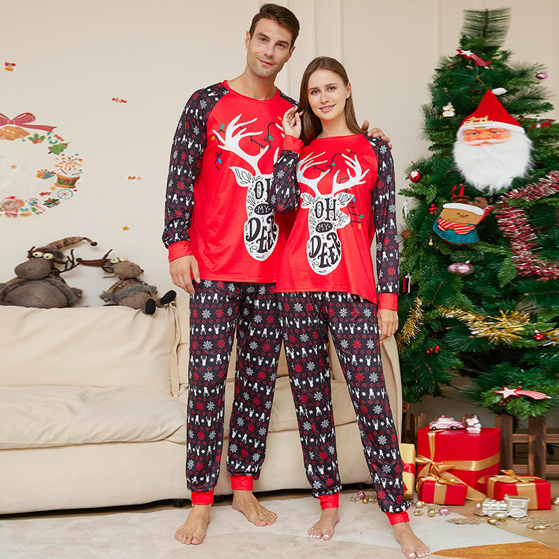 Christmas Cartoon Letter Printed Home Decoration Parent-Child Pajamas Long Sleeved Round Neck Two-Piece Set