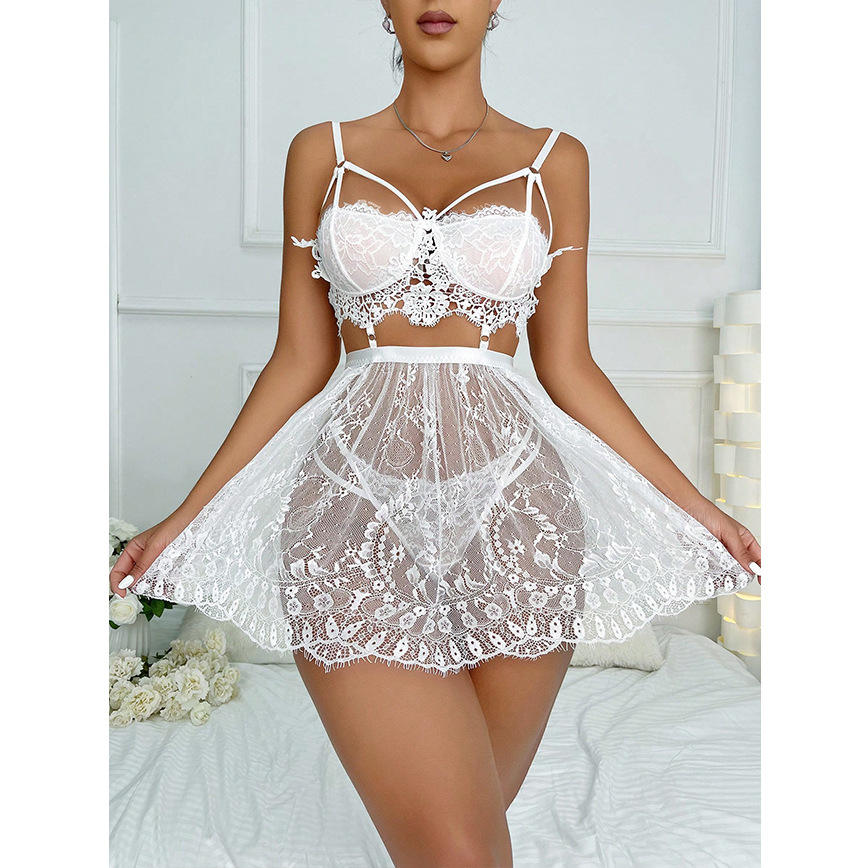 Sleepwear Sexy Lace Embroidery Perspective Splicing Three Piece Set Of Fun Nightgown Set