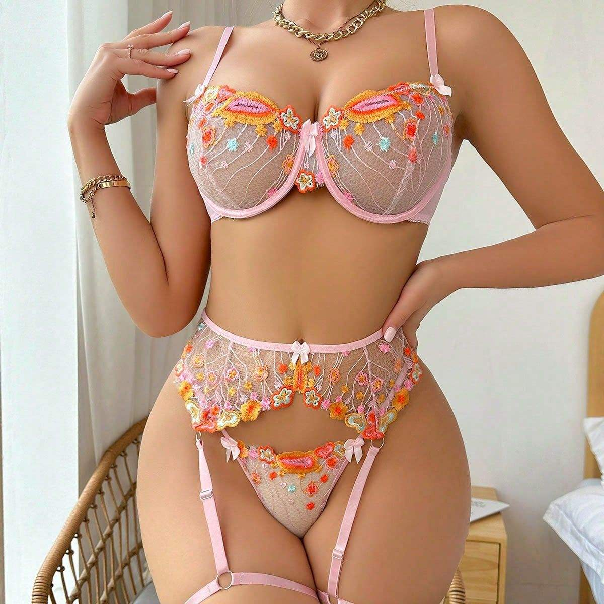 Women's Sex Underwear Set Sexy Colorful Flower Mesh Embroidery Slimming