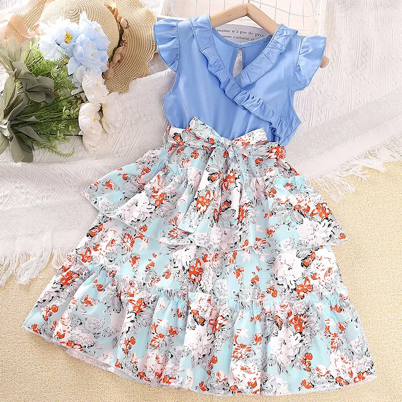 2024 New Casual Teen Girl Dresses Ruffle V Neck Fly Sleeve Flower Princess Girls Summer Dress