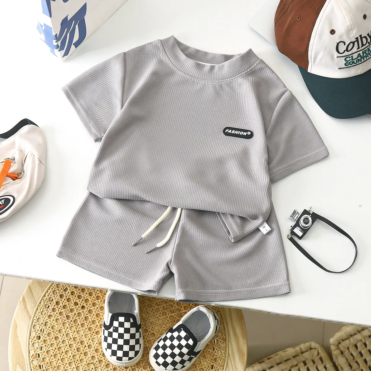 Boys Tracksuits Summer Waffle Short Sleeve T-shirts Shorts