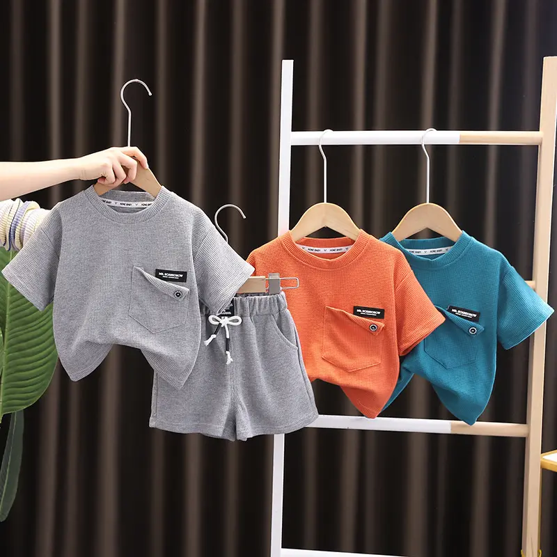 Kids Wears Boys Wholesale Summer Outfits Solid Colors T-shirt+Shorts Children